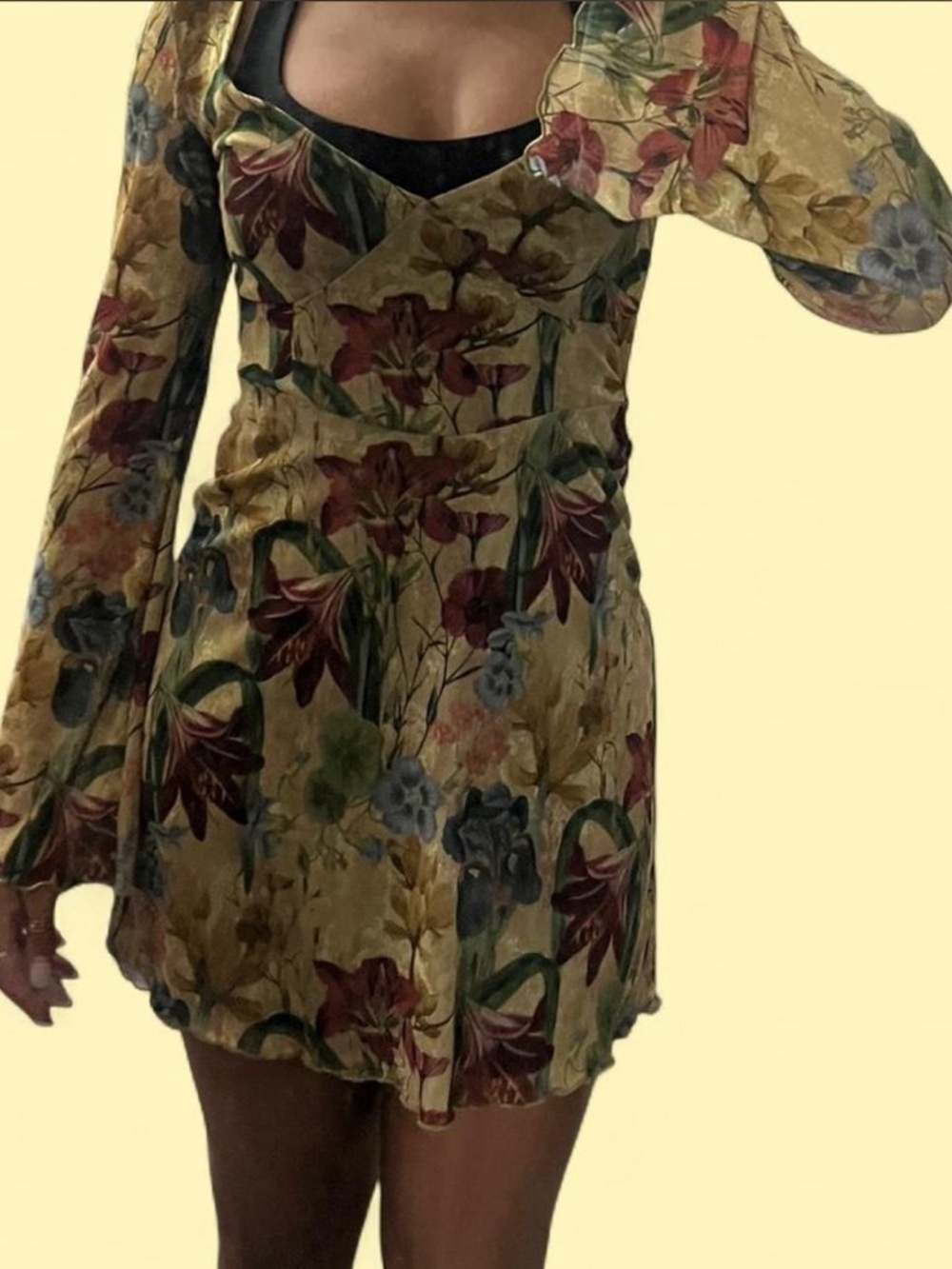 PrettyLittleThing Floral Long Sleeve Mini Dress in Mustard and Red
